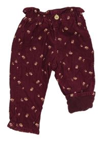 Vínové podšité manšestrové květované kalhoty H&M