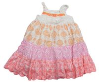 Smetanovo-oranžovo-kriklavoě růžovo/korálové letné šaty so vzorom a kvietkami a flitrami Bluezoo