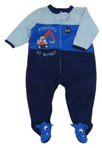 Nový - tmavomodro-modro-světlemodrý fleecový overal s buldozerem Early Days