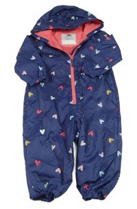 Tmavomodrá šušťáková jarná kombinéza s farebnými srdiečkami a kapucňou George