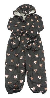 Tmavosivá šušťáková zimná kombinéza so srdiečkami a kapucí + rukavice George