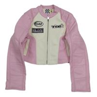 Růžovo-bílá koženková jarní bunda s nášivkami Bershka