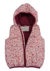 Svetloružová prešívaná šušťáková zateplená vesta s kvietkami a kapucňou dopodopo