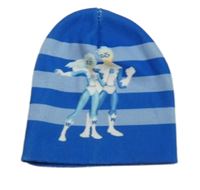Modro-svetlomodrá pruhovaná pletená čapica s obrázkom