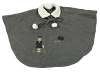 Tmavosivé melírované vlnené pončo s dívkou a bambulemi a huňatým golierikom