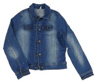 Modrá tepláková rifľová crop bunda s jednorožcom s flitrami YIGGA