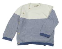 Tmavomodro-biely zavinovací prepínaci sveter s pruhmi lupilu