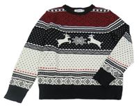 Černo-bílo-červený vzorovaný svetr s jeleny