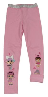 Růžové teplákové zateplené legíny s L.O.L. SURPRISE! a stříbrným pasem 