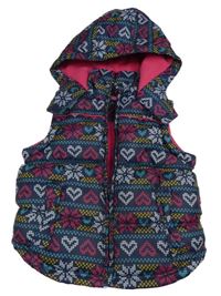 Tmavomodro-farebná vzorovaná šušťáková zateplená vesta s vločkami a srdiečkami a kapucňou YD