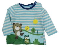 Modro-bílo-zelené pruhované triko se zvířátky a stromy a sluníčkem Liegelind