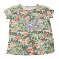 Smetanovo-khaki tričko s kvietkami a lístečky a motýlikmi a flitrami dopodopo