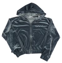 Tmavosivá zamatová prepínaci crop mikina s nápisom a kapucňou H&M