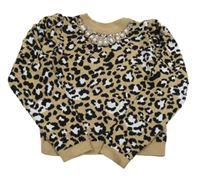 Hnedý sveter s leopardím vzorom a perlami s flitrami River Island