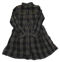 Tmavošedo-černé kostkované flanelové propínací košilové šaty s cvočky John Lewis