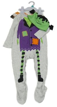 Nové - 2set - Šedo-fialovo-zelený overal + bavlněná čepice - Frankenstein F&F