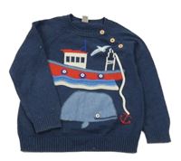 Tmavomodrý sveter s loďkou a velrybou Tu