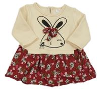 Béžovo-vínové teplákovo/plátěné šaty s králikom a kvetmi