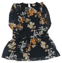 Čierno-béžové kvetované šifónové šaty