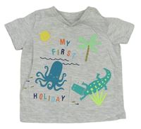 Sivé melírované tričko s chobotnicí a krokodílom F&F