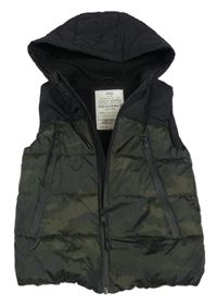 Kaki-čierna army šušťáková zateplená vesta s kapucňou M&S