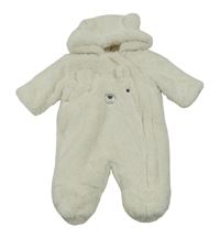 Smotanová kožušinová zateplená kombinéza s medvěďom a kapucňou Nutmeg