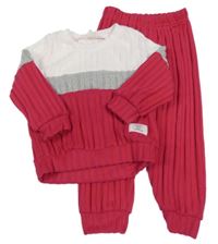 2 set - růžové žebrované úpletové tepláky + růžovo-světlerůžové žebrované úpletové triko 