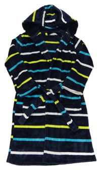 Tmavomodro-zeleno-modrý pruhovaný chlupatý župan s kapucí St. Bernard