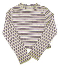 Zeleno-bielo-ružové pruhované rebrované crop tričko H&M