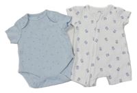 2 set - svetlomodré body s hvězdičkami + biely kraťasový overal s medvedíkmi