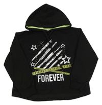 Černo-stříbrno-zelená mikina s nápisy a hvězdami a kapucí 