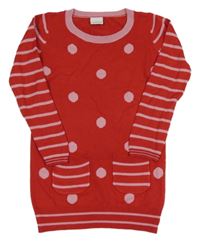 Červeno-růžová puntíkatá svetrová tunika s pruhovanými rukávy Next