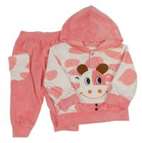 2set - Růžovo-bílá plyšová mikina s krávou a kapucí + tepláky 