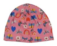 Růžová čepice s květy a motýlky 