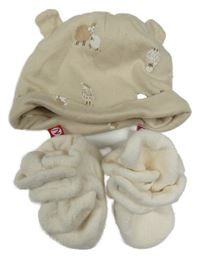 2set - Béžová čepice s ovečkami + béžové fleecové capáčky 