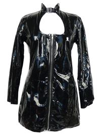 Dámské černé latexové propínací minišaty s prestrihom