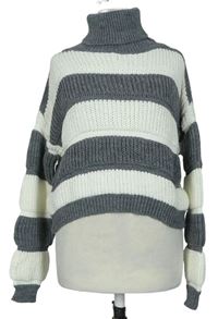 Dámsky sivo-biely pruhovaný crop sveter s rolákom
