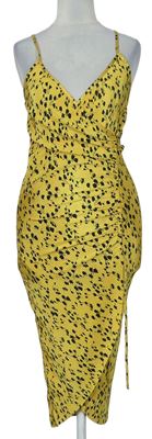 Dámske žlto-čierne kvietkovane plisované midi šaty Bershka