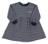 Tmavomodro-biele pruhované bavlnené šaty so zlatým nápisom