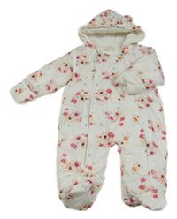 Biela šušťáková zimná kombinéza s kvietkami a kapucňou s uškami Bébé Bonito