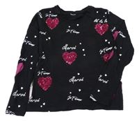 Černé triko s nápisy a srdíčky z flitrů 