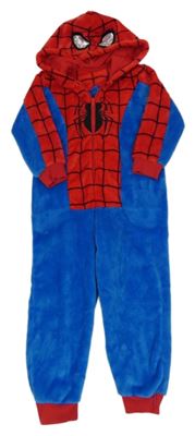 Modro-červená chlpatá kombinéza s pavoukem a kapucí - Spiderman