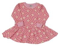 Růžové kostkované teplákové šaty s kytičkami 