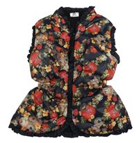 Tmavomodro-barevná květovaná šusťáková zateplená vesta 