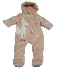 Svetloružová kožušinová zateplená kombinéza s jednorožcom a kapucňou F&F