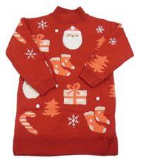 Nové - Červené svetrové šaty so Santou a obrázkami zn. Next