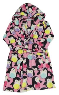 Růžový chlupatý župan s tučňáky a kapucí M&S