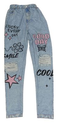 Světlemodré legíny riflového vzhledu s nápisy s obrázkami