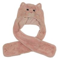 Světlerůžová kožešinová čepice se šálou - kočka