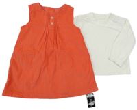 Nové - 2set - Oranžové manšestrové šaty + bílé triko St. Bernard